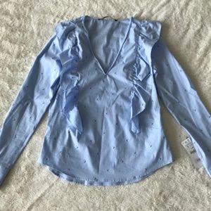 Zara umbrella print poplin ruffle shirt blouse